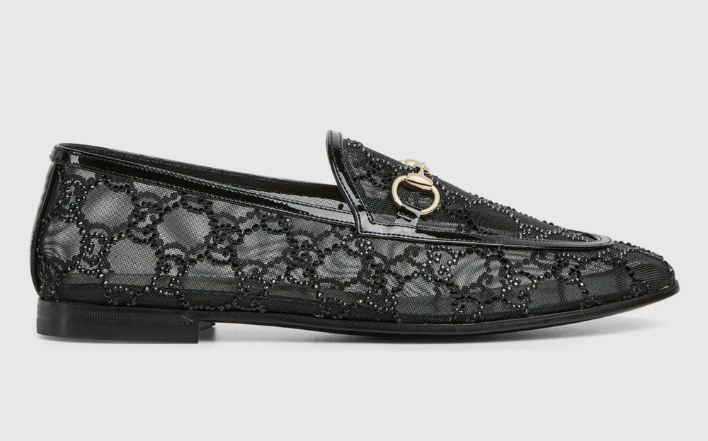 Gucci Jordaan Black Mesh Crystal GG Logo Gold Horsebit Loafer Slipper Flat 36.5